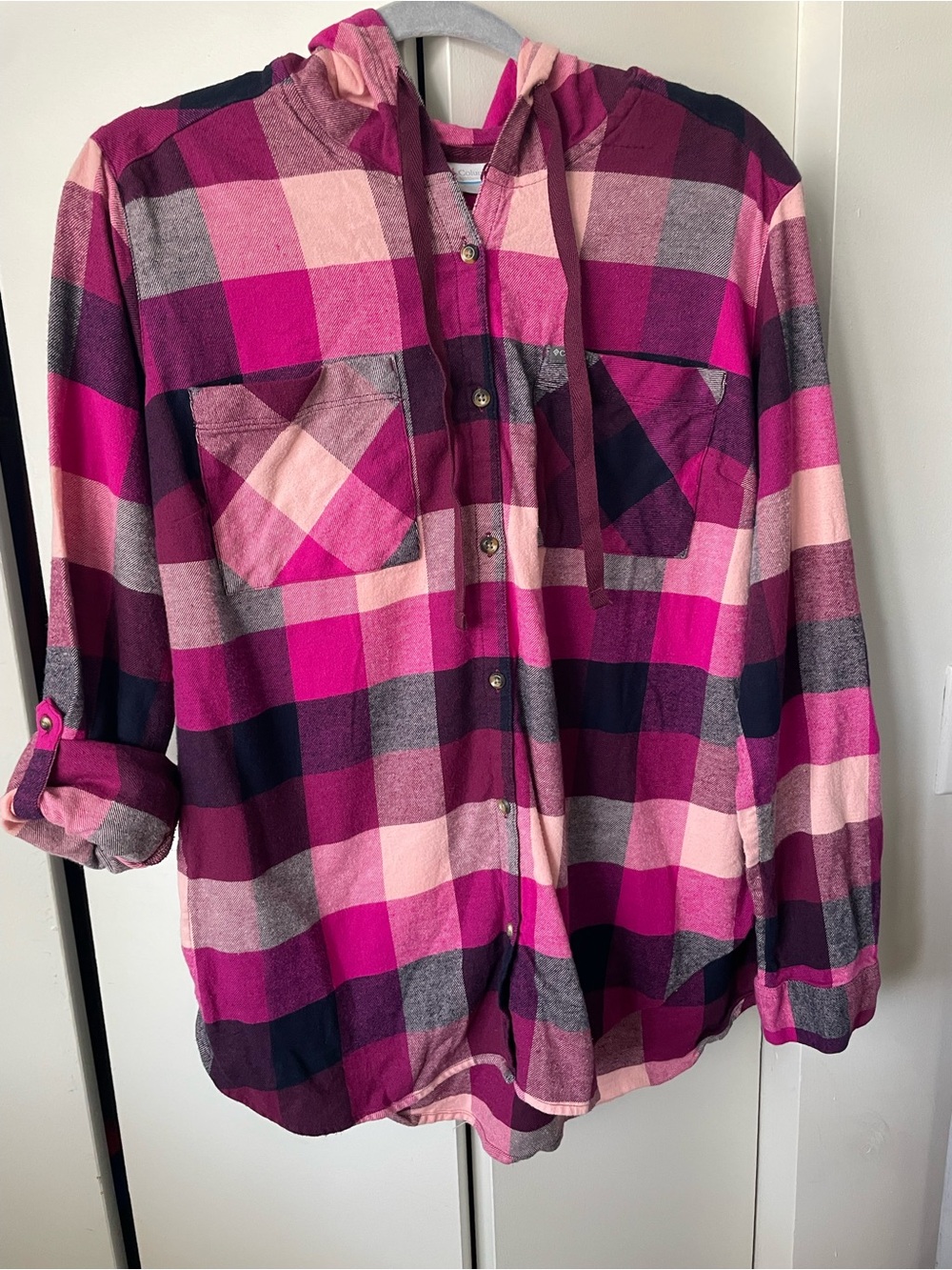 Columbia Pink & Magenta Plaid Hooded Button-Up Shirt
